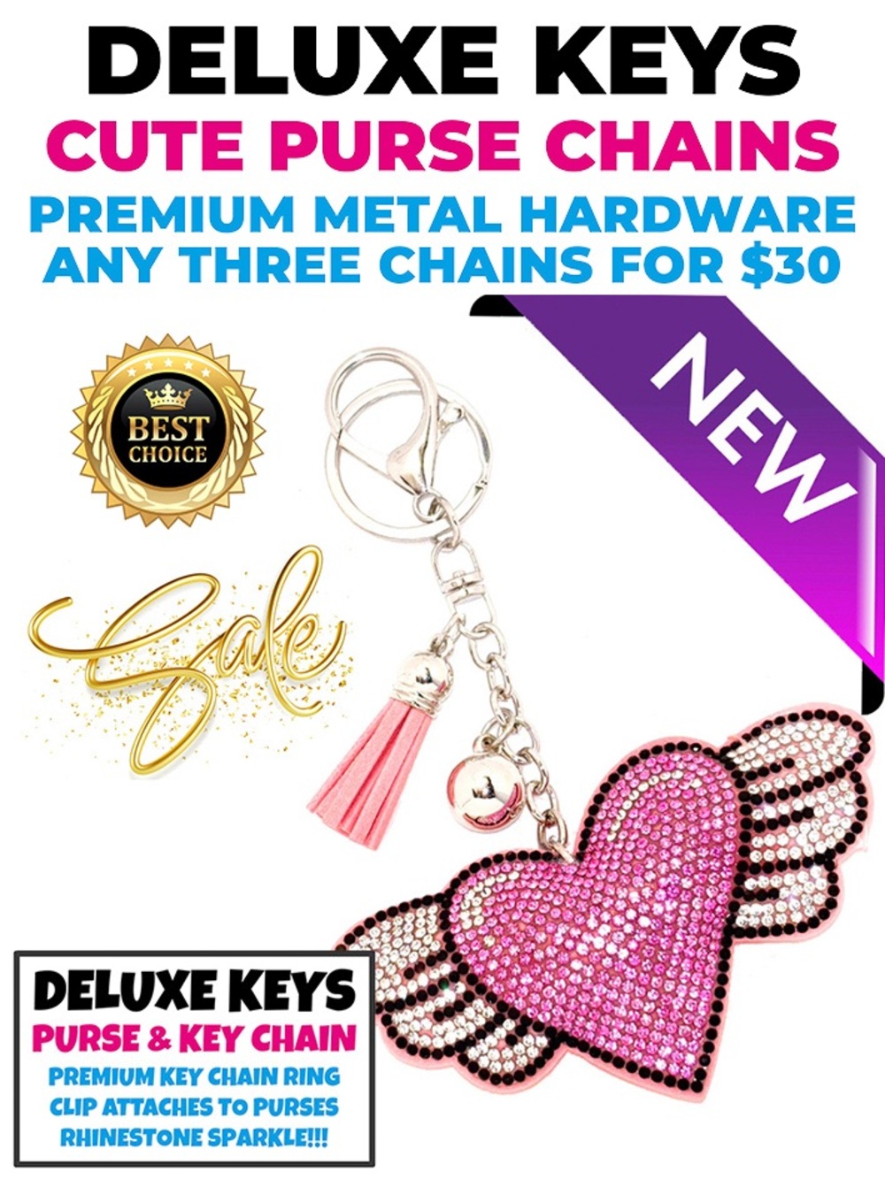 DeLuxe Keys Rhinestone Keychain/Purse Chain PINK HEART WITH WINGS